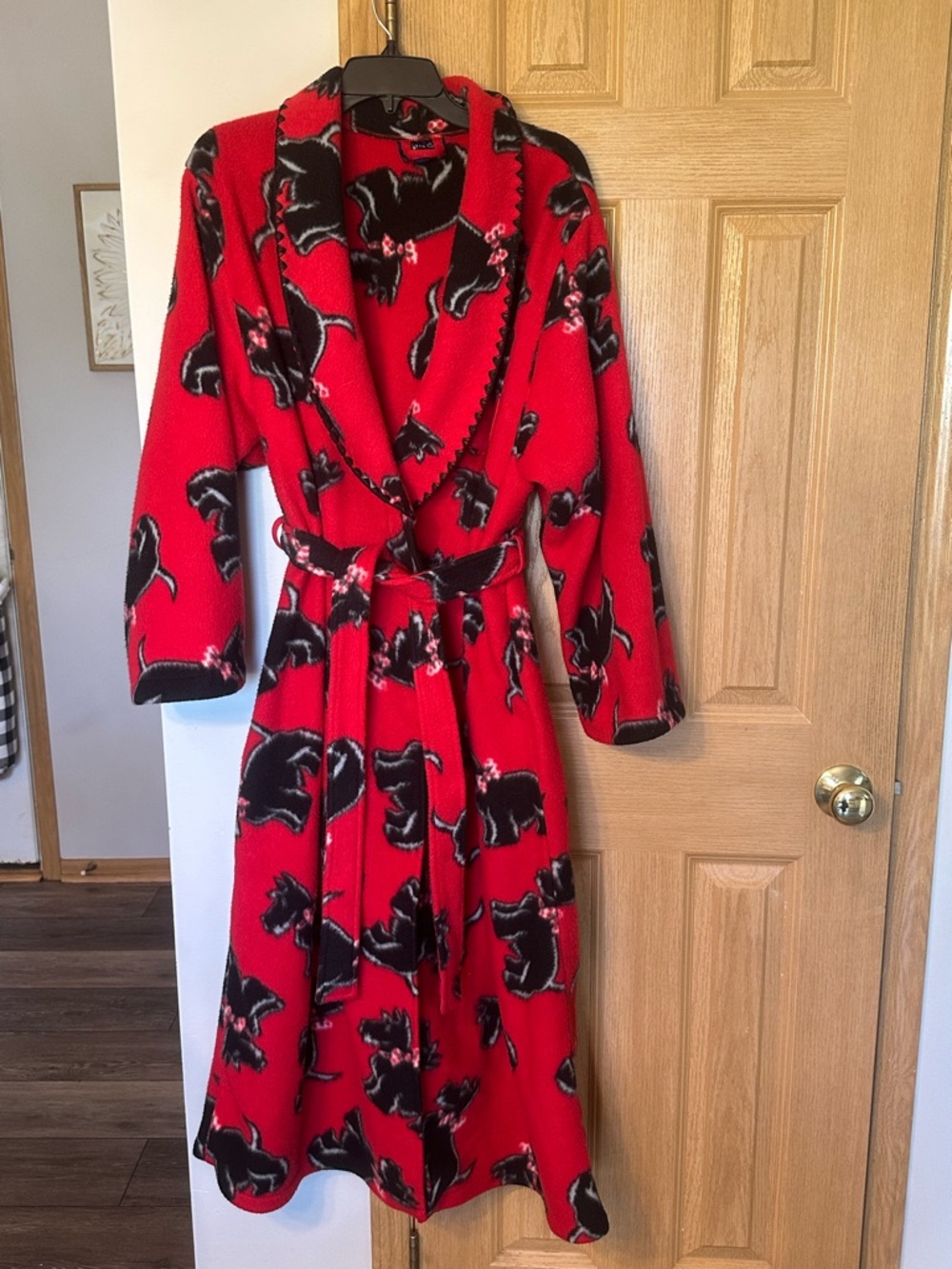 Charter Club Red Fleece Robe with Black Scottie dog Print